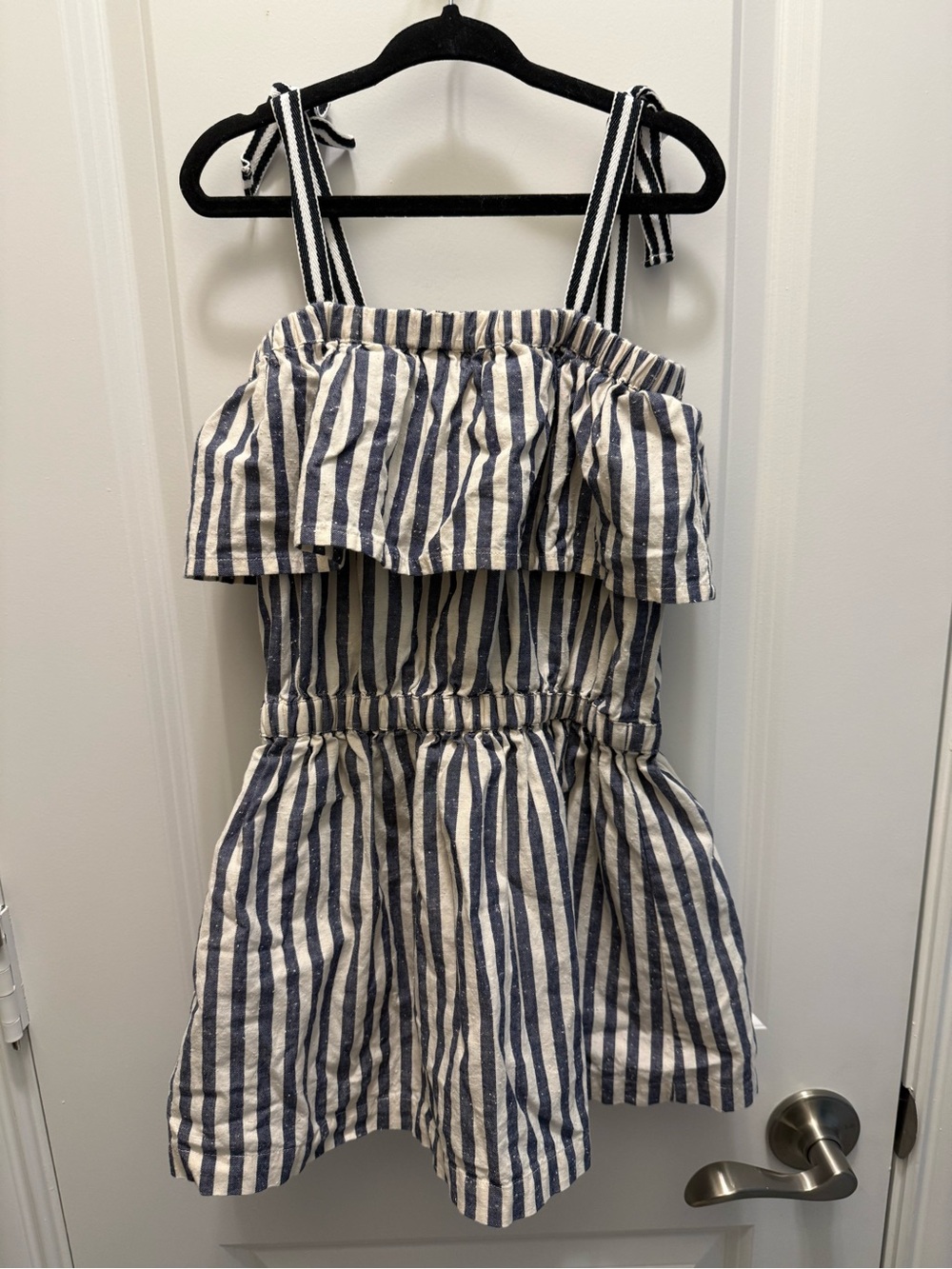 Petite Lucette Girls Navy & White Striped Ruffle Sundress with Tie Straps